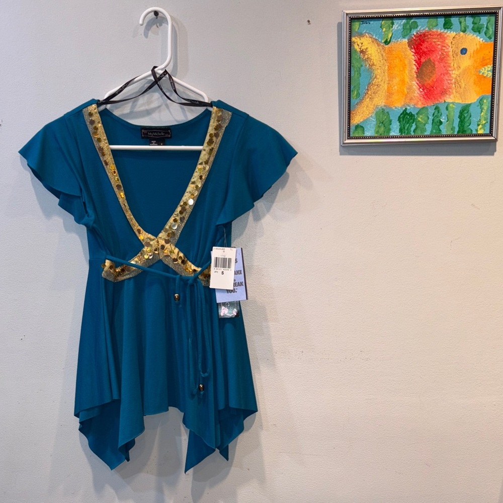 Teal My Michelle V-Neck Top with Gold Accents